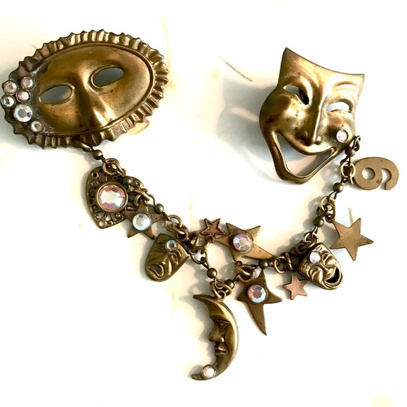 KIRK’S FOLLY Vintage ‘Drama Masks’ Whimsical Brooch with Aurora Borealis Crystal - Picture 1 of 5